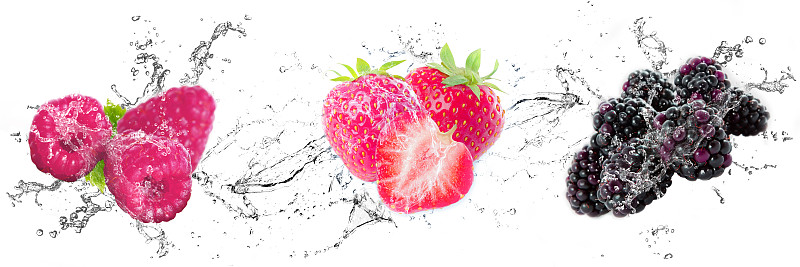 Render graphic with Strawberry, Blackberry and Raspberry. Picture with water drops, splashes and fruits. White isolated background crystal clear liquids.

‌